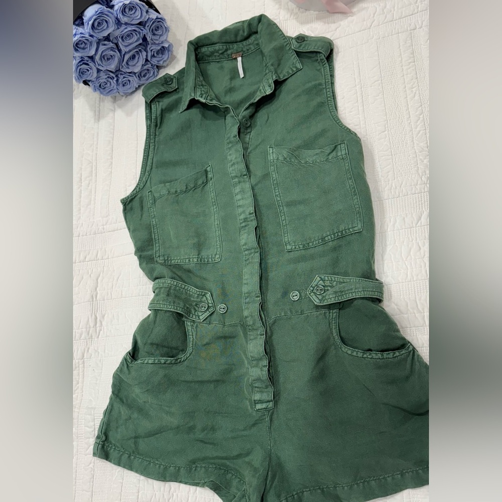 Green Utility Romper with Belted Waist